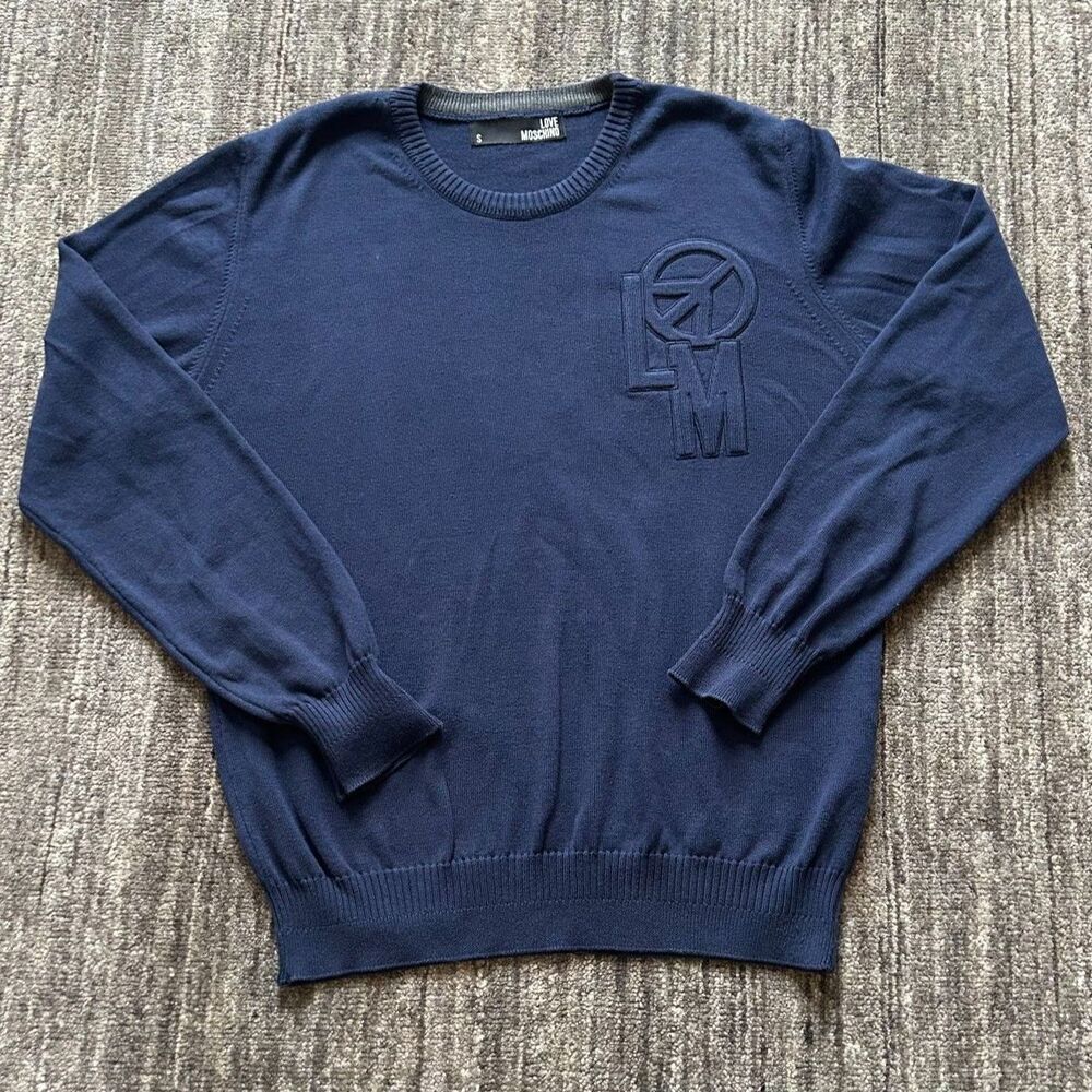 Love Moschino Peace Graphic Cotton Crew Neck Navy Sweater, Size S